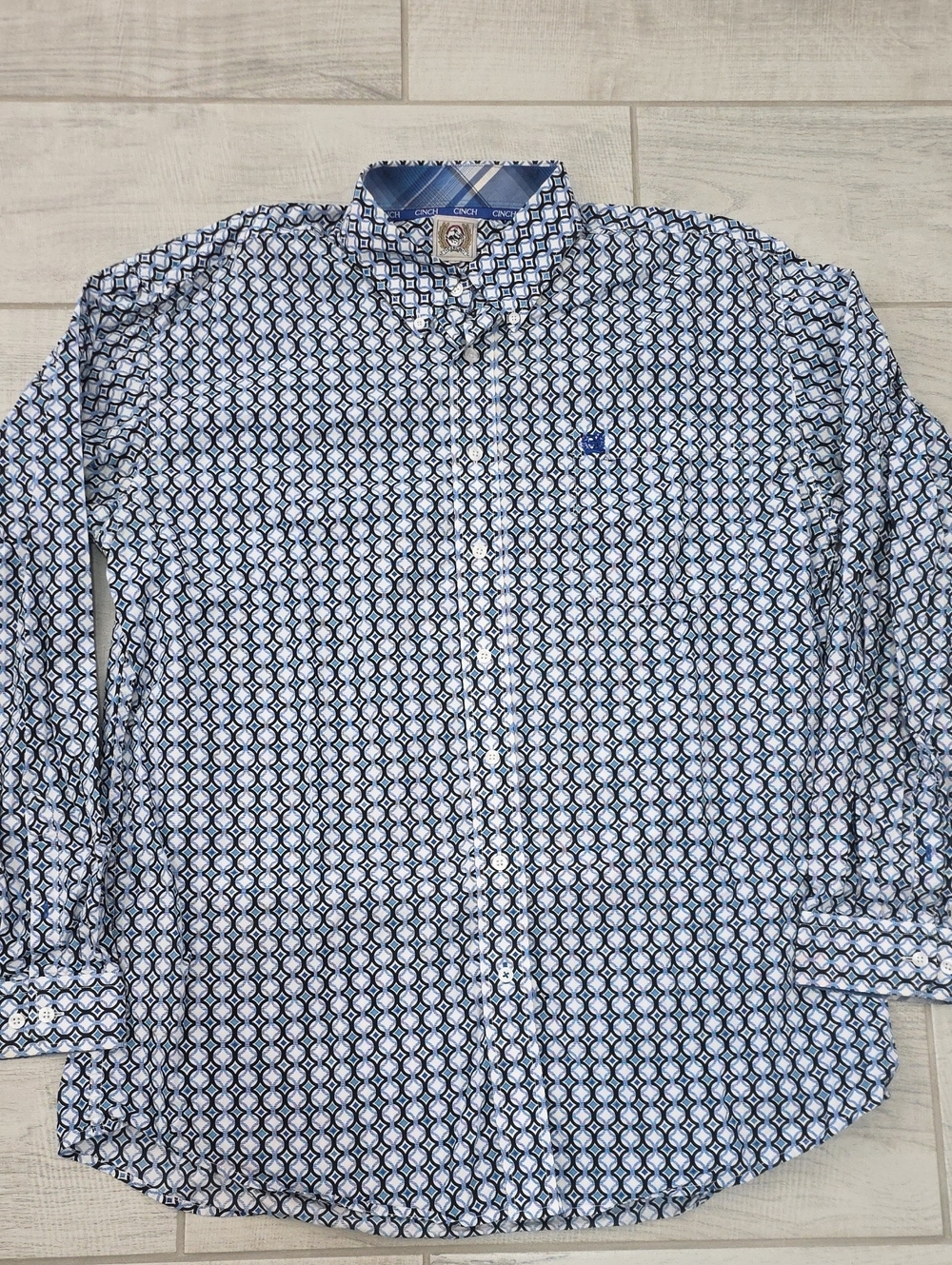 CINCH Blue Geometric Print Long Sleeve Button Up Shirt Men's Size Large Western